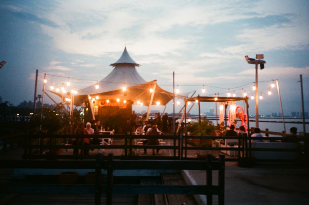 Waterfront Cafe at Twilight Hour. Shot with Olympus XA-1